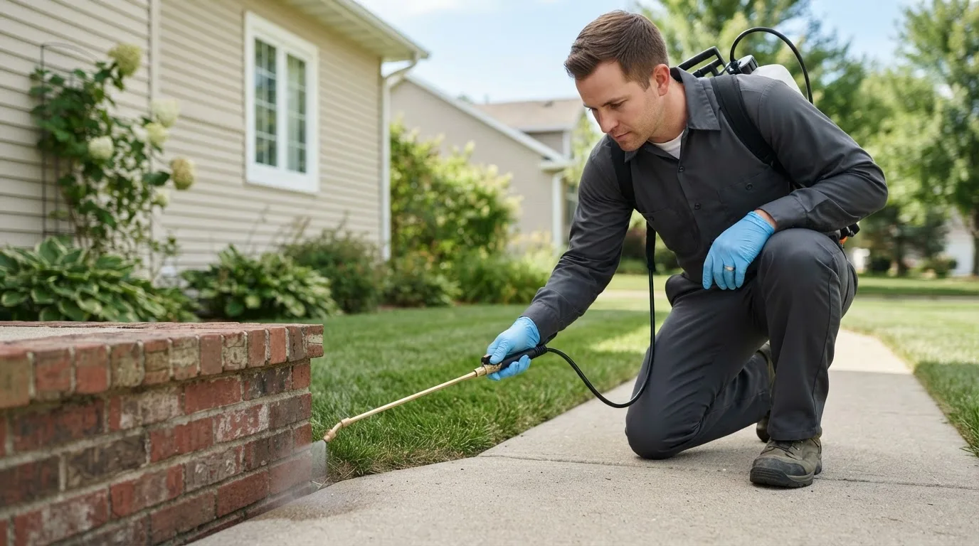 Pest control technician treating a home near Sartell, MN